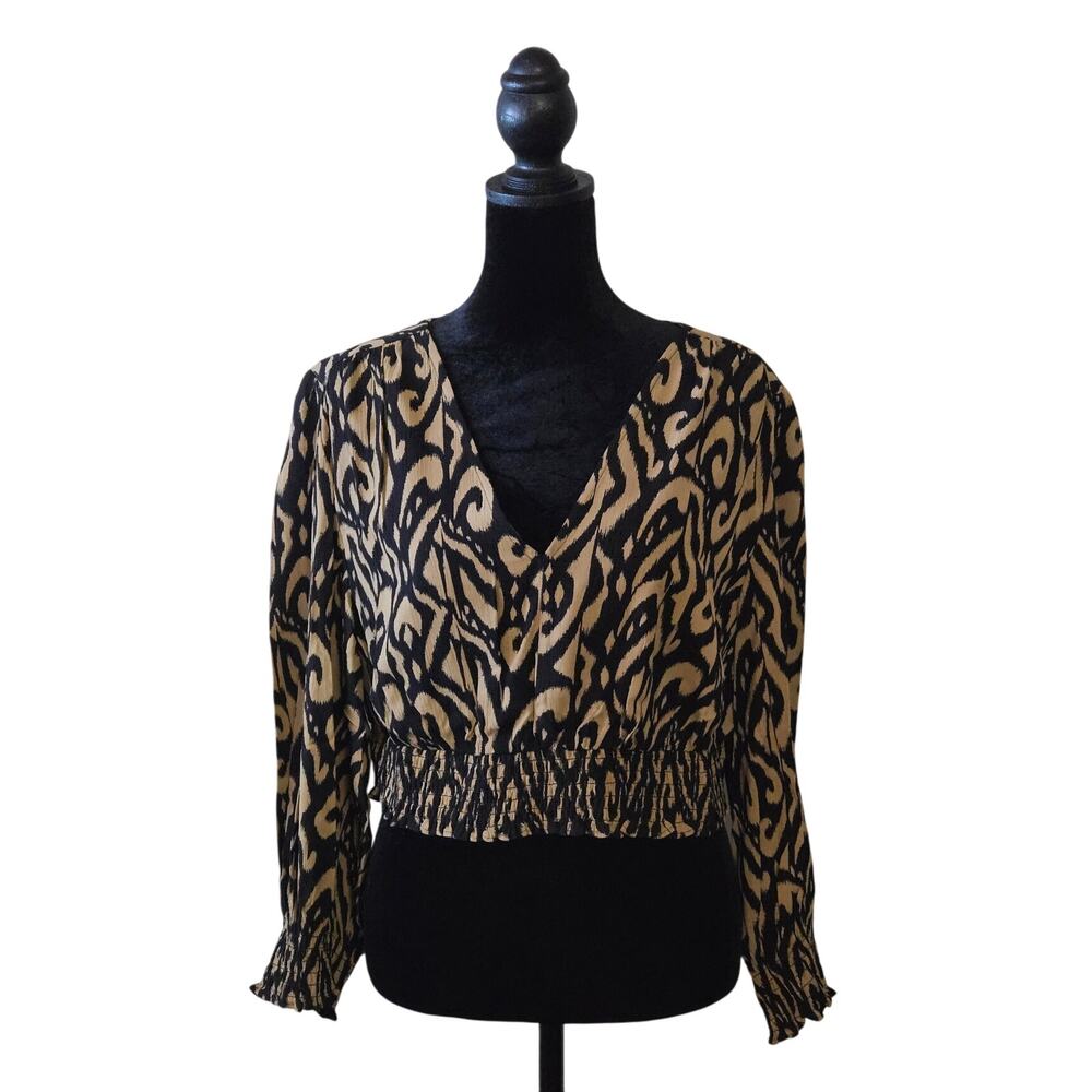 Boden Black and Tan Animal-Print Cropped Blouse